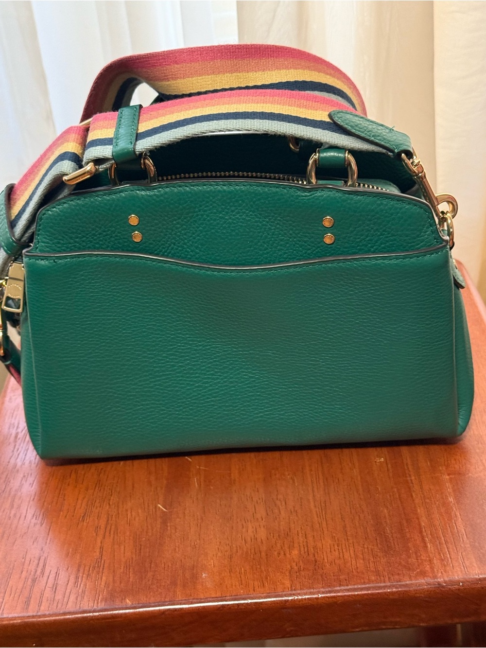 COACH Green Leather Satchel with Rainbow Striped Strap - Picture 5 of 11